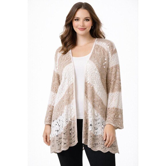 Chico's Sweaters - Chicos Open Knit Cardigan Size 1 M Beige White Striped Sequin Boho Coastal